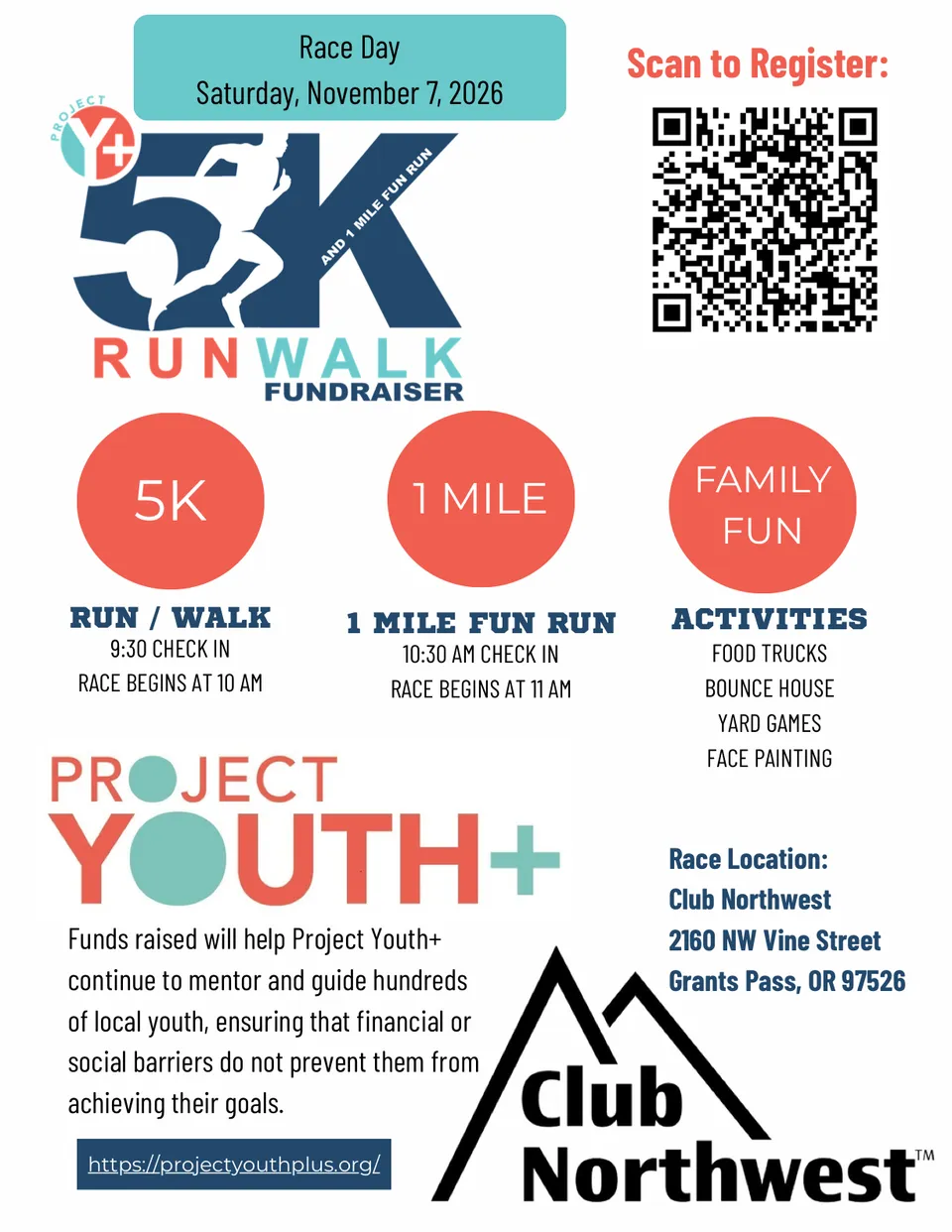 Project Youth+ 5K Run/Walk and 1 Mile Fun Run fundraiser flyer, Saturday November 7, 2026 at Club Northwest