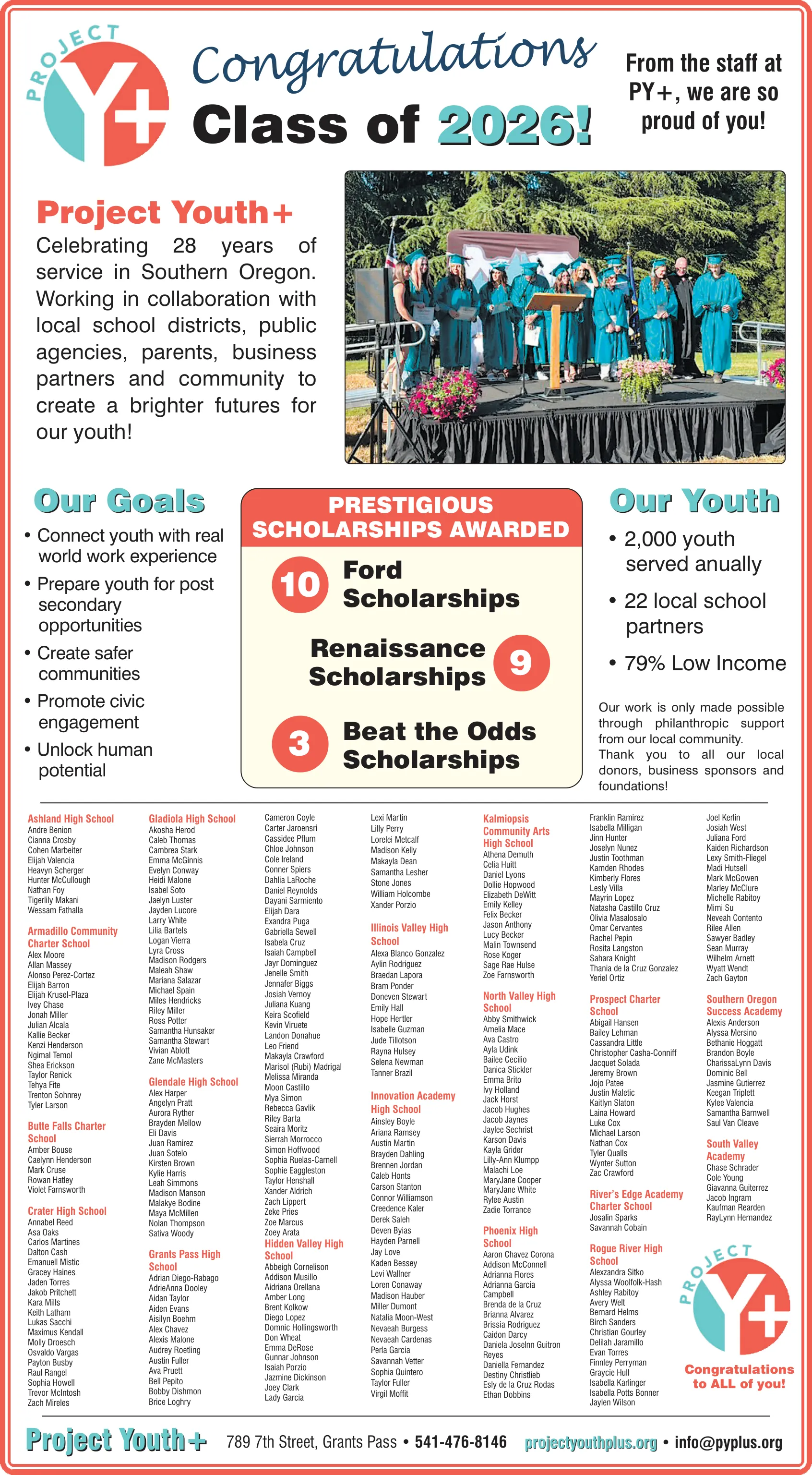 Programa de graduación de la Generación 2026 de Project Youth+ con los 526 egresados de 22 escuelas del sur de Oregón